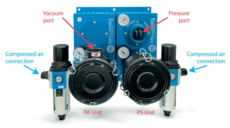 Pompe pneumatiche aspiranti e soffianti abbinate (PA-140-200 e PS-140-200).