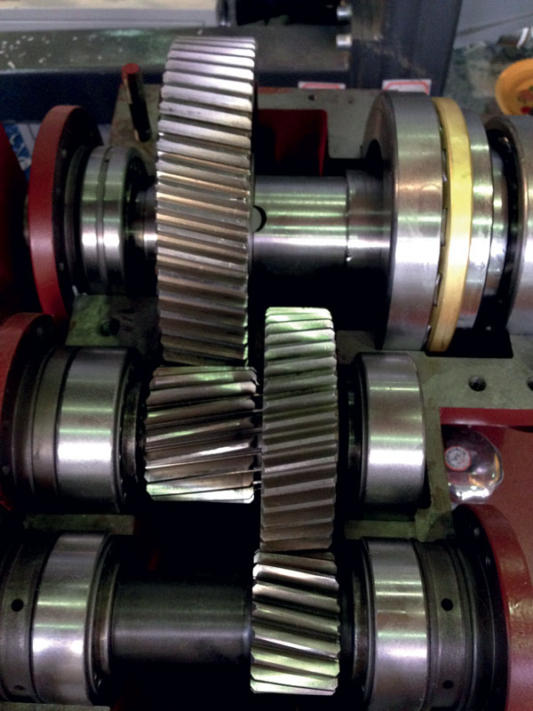 Thrust bearing inside an extruder's geared motor unit.
