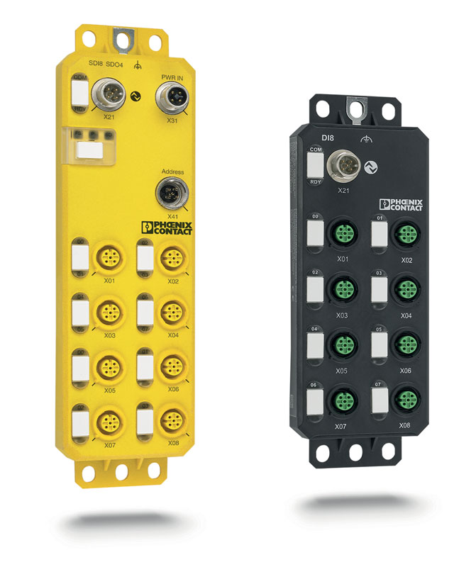 Figure 3: The proven standard Axioline E I/O modules in the IP67 degree of protection (right) have been extended with a functional, safe variant (left).